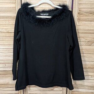Nina Leonard Sweater Black Fuzzy Trim Collar Size Large